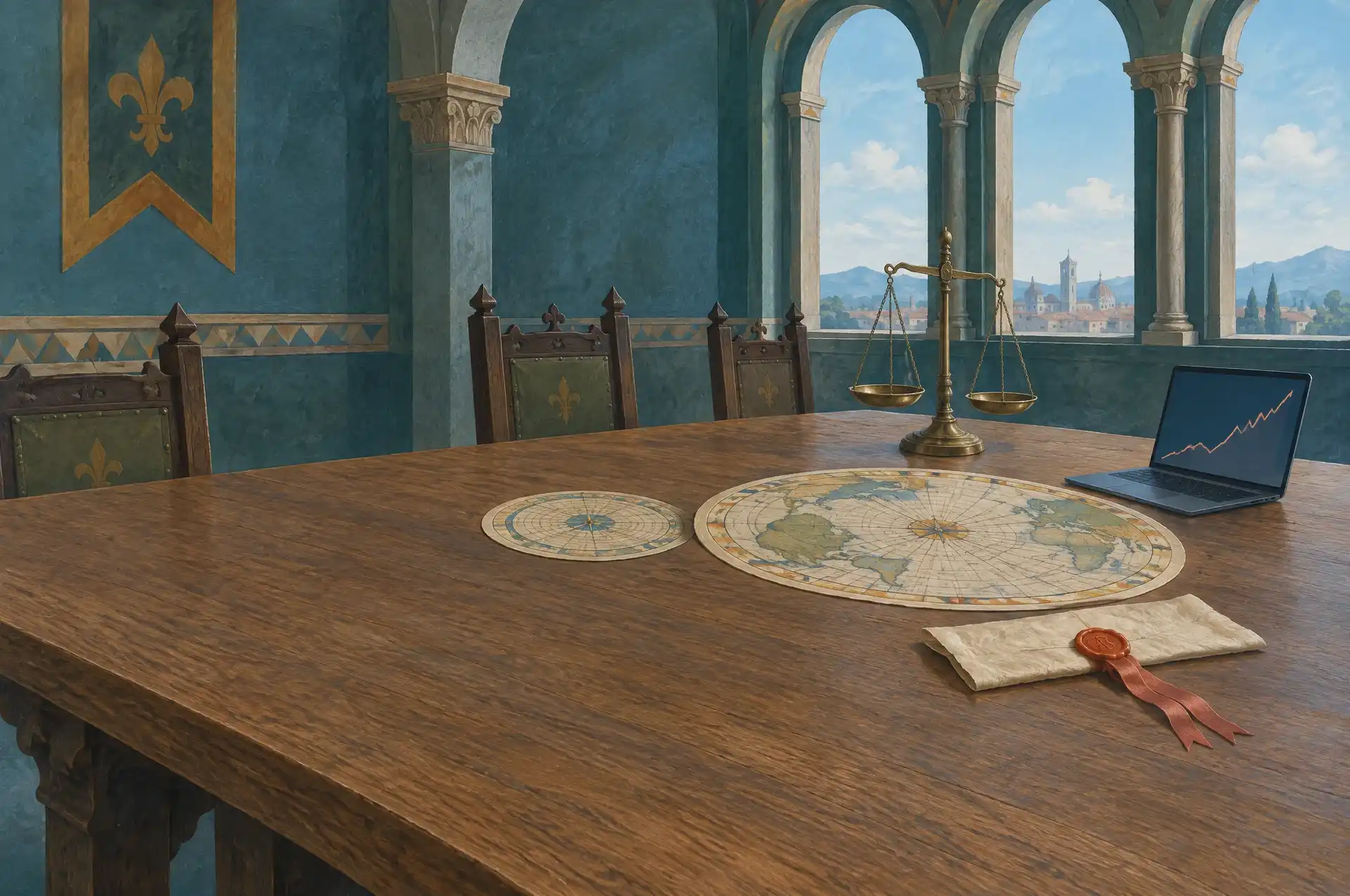 A long council table in a Renaissance merchant's hall: two circular paper charts, a founding deed with a wax seal, brass scales and an open laptop showing a rising graph; behind, arched windows and blue sky.