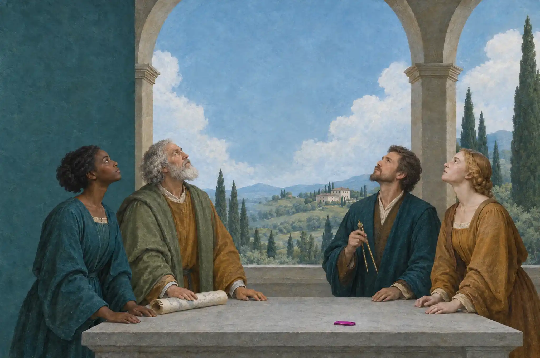 Four Renaissance scholars, of different ages and origins, around a stone table in a gallery open to the Tuscan countryside. They all look up at the empty air above the table, where the globe floats.