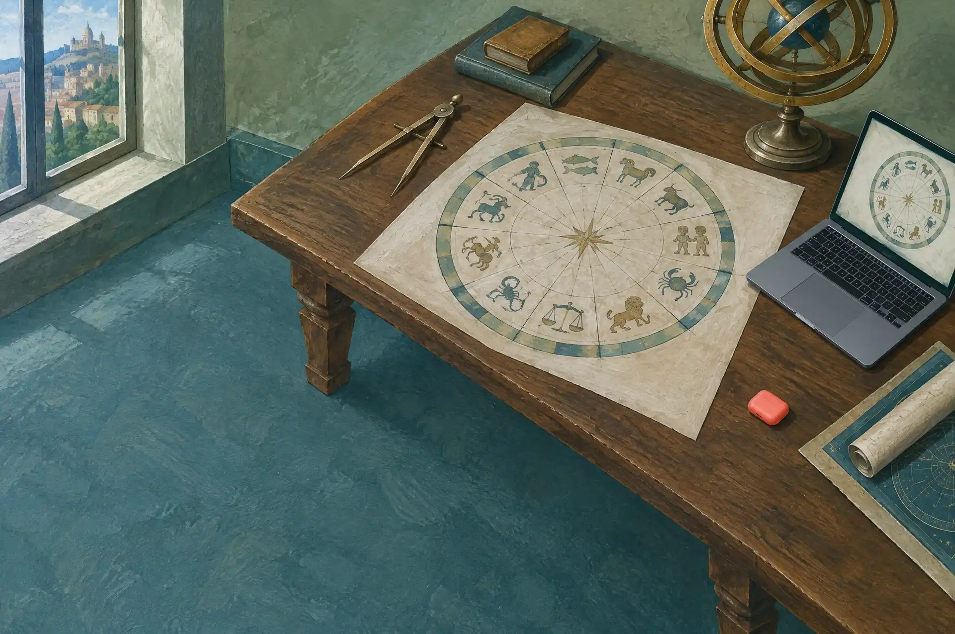 An astrologer's desk by candlelight: a circular chart with twelve divisions on old paper, brass compasses, an armillary sphere and an open laptop showing the same chart.
