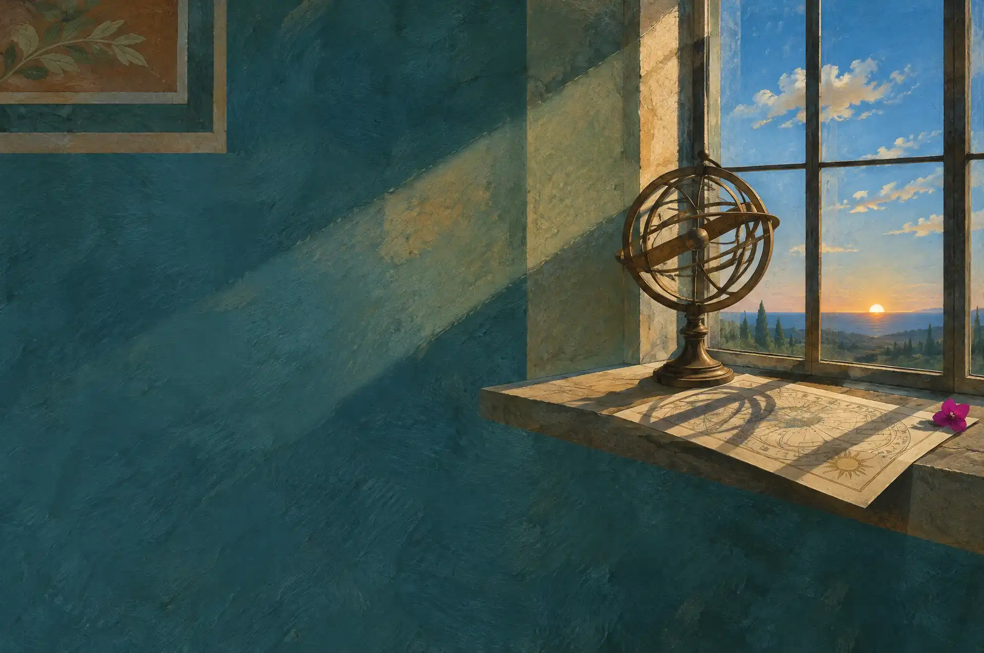 A low sun on the horizon seen through an old window; on the sill, an armillary sphere casts its shadow over a paper almanac.