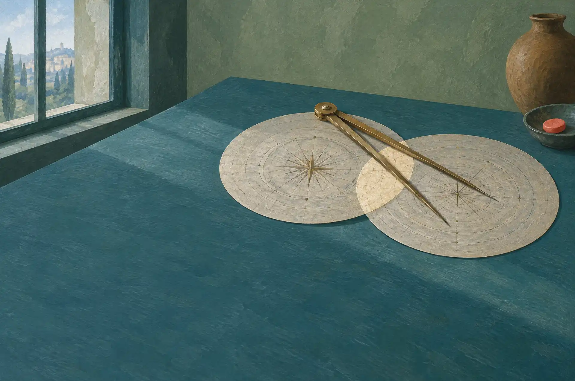 Two circular paper charts overlapping on a dark table, the shared area lit in amber, with two brass compasses on top.