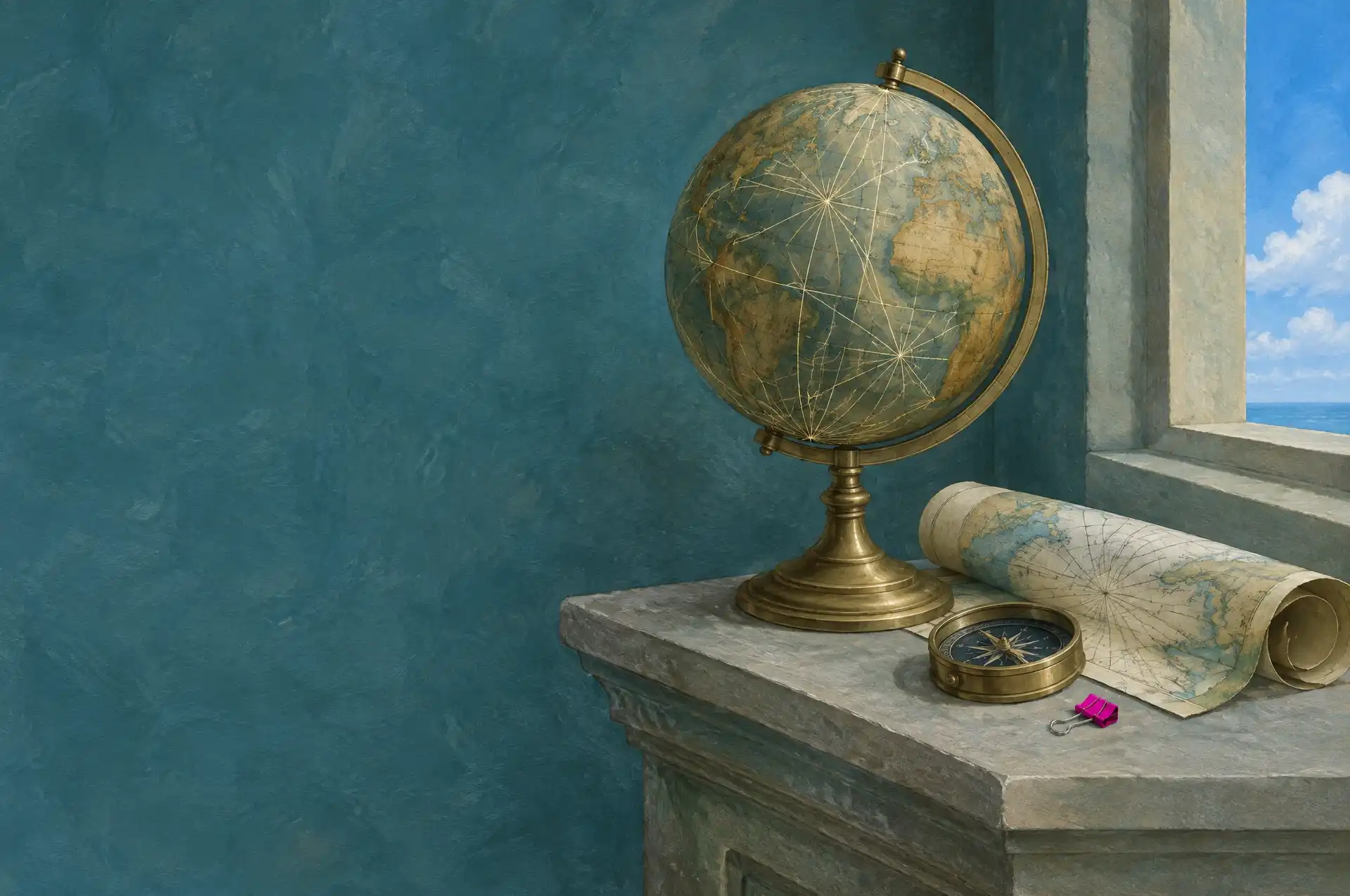 An antique globe on a brass stand, crossed by glowing lines from pole to pole, beside a rolled map and a compass.