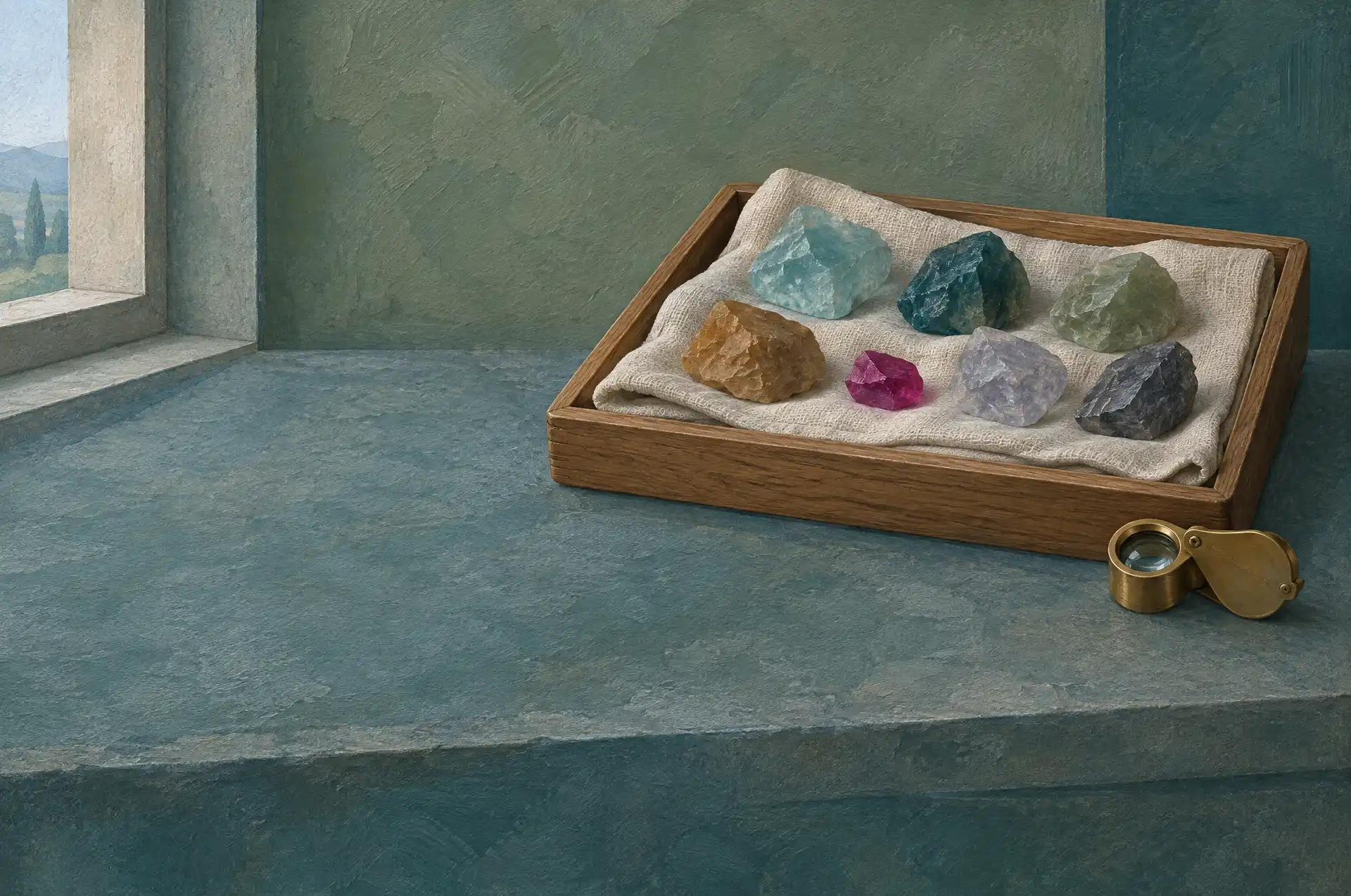 Seven rough gems on dark velvet in a wooden tray, each catching a point of colored candlelight, with a brass magnifying glass beside them.