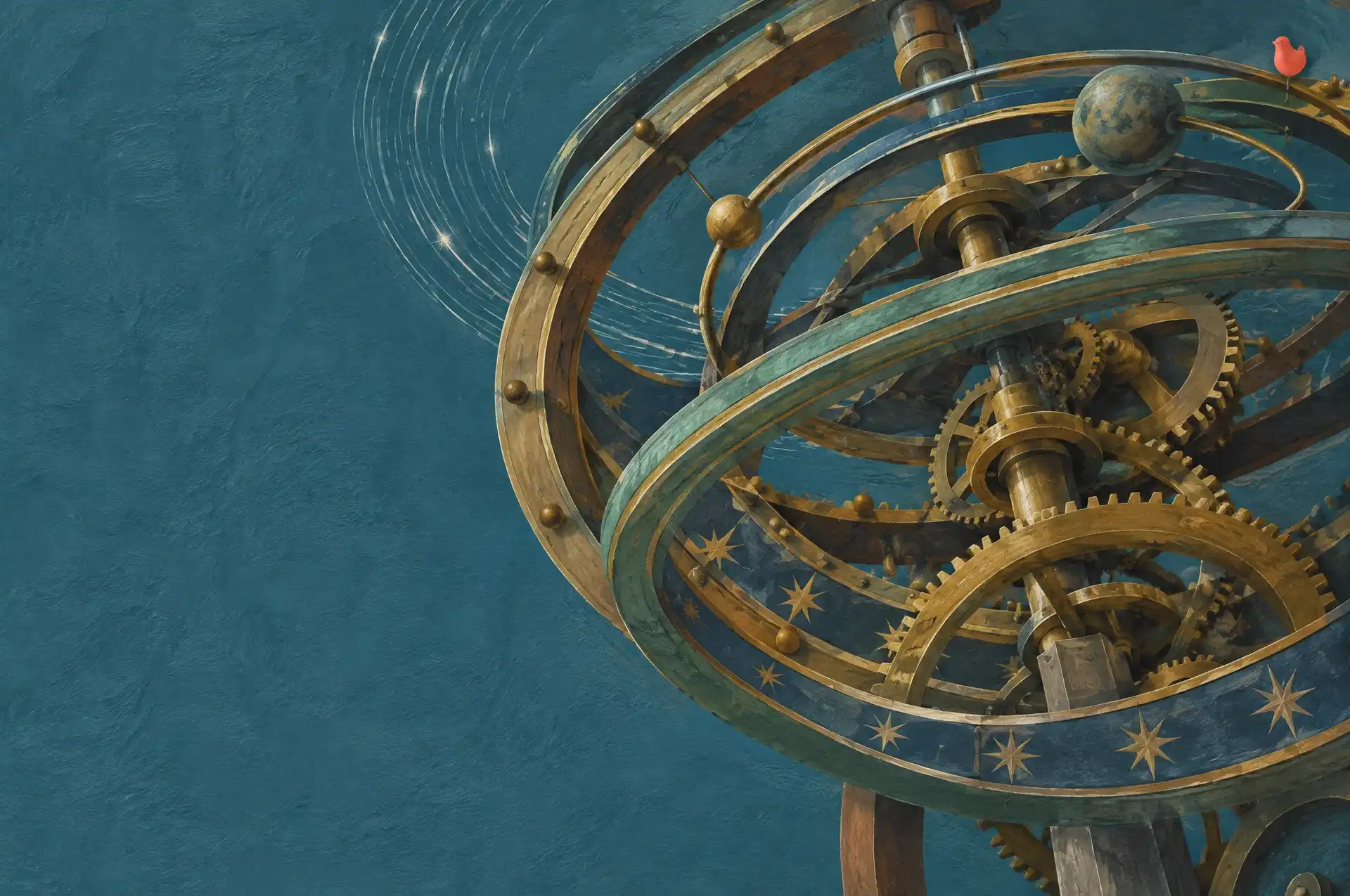 The mechanism of an astronomical clock, all gears and brass rings, seen up close from below, with the faint arc of a star trail behind it.