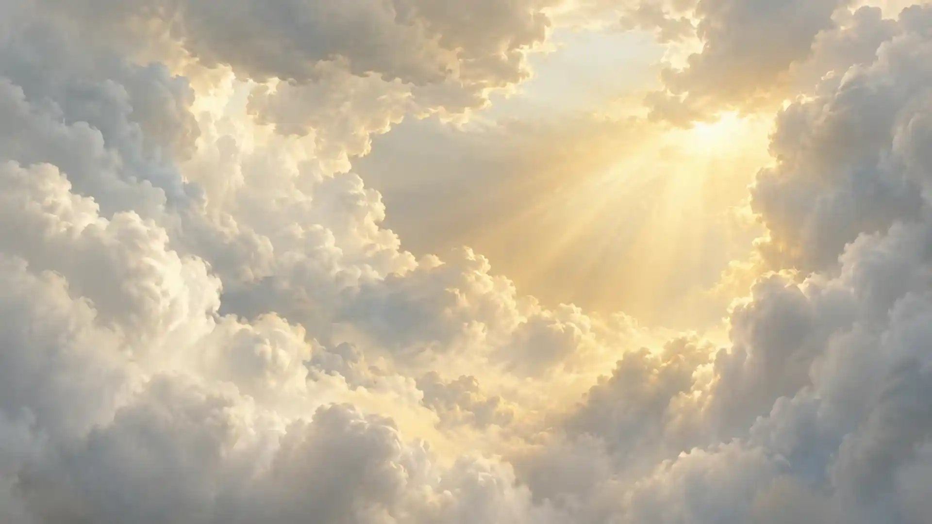 Un mar de nubes blancas al amanecer, abierto por un claro de luz dorada.