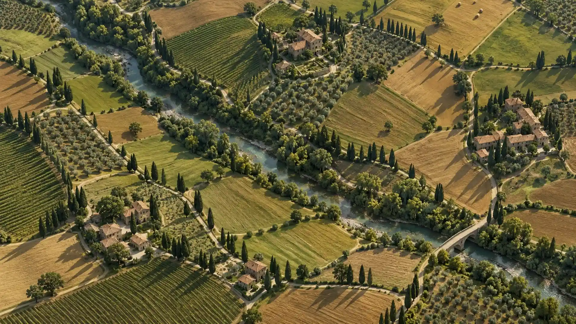 Un valle toscano visto desde el aire: campos, cipreses, un río y casas de piedra.