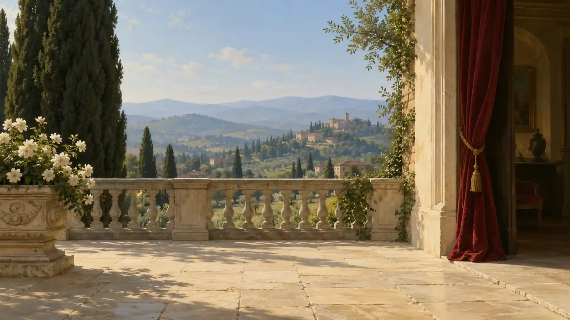 La terraza de una villa italiana con cipreses, flores y una cortina carmesí junto a una puerta abierta.